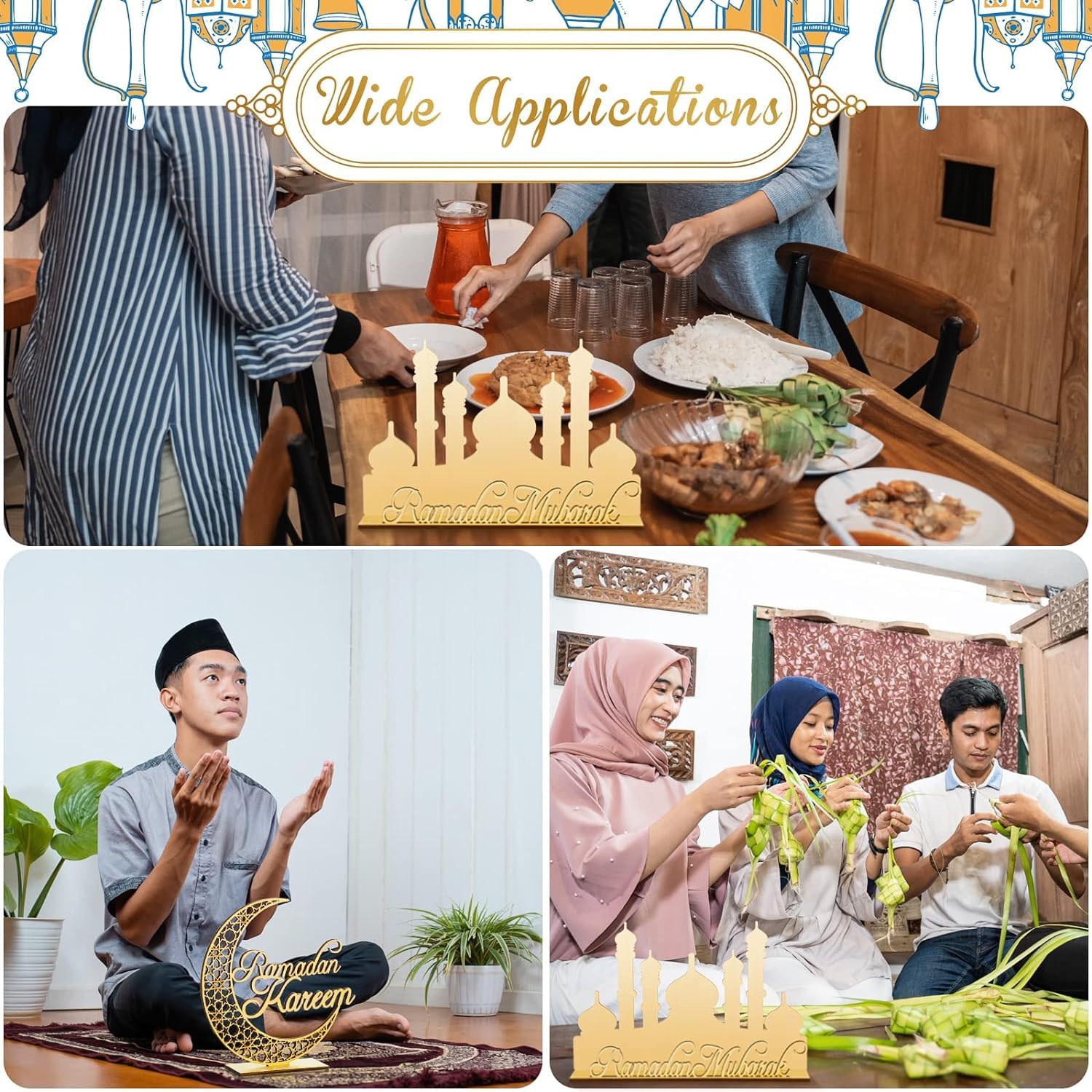 Collage of people around a table with food and 'Ramadan Kareem' decorations.