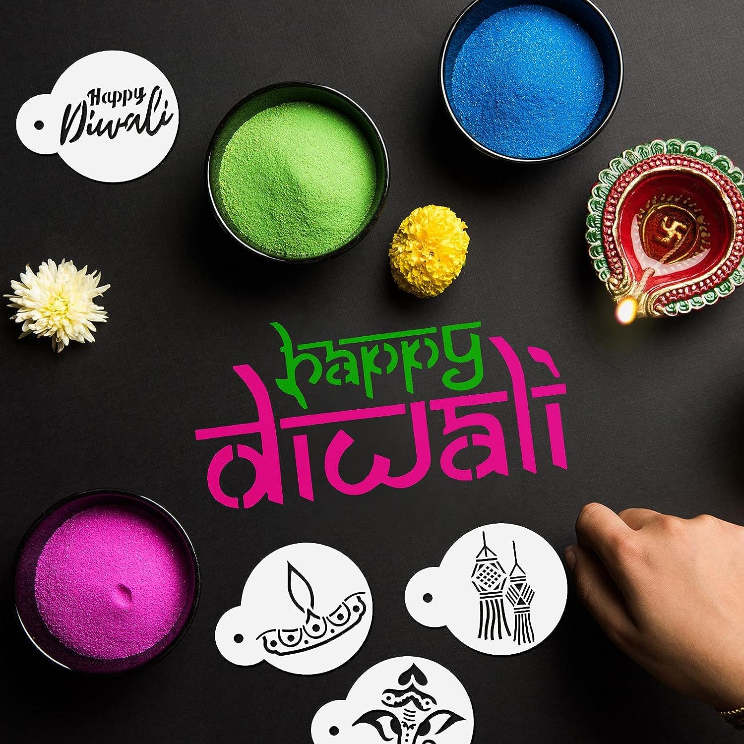 Diwali-themed setup with colored powders, a Diwali lamp, and 'Happy Diwali' text on a black background.