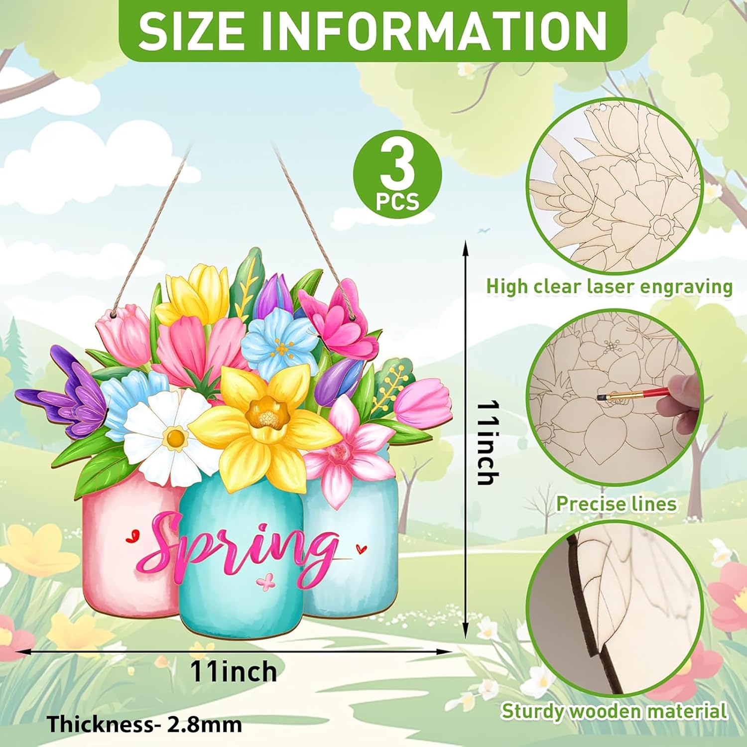 Floral decorations with 'Spring' text, size information, and material details on a floral background.