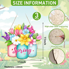 Floral decorations with 'Spring' text, size information, and material details on a floral background.