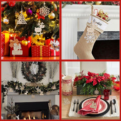 Collage of Christmas decorations including a tree, stockings, wreath, and table setting.