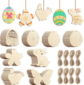Set of wooden Easter decorations including eggs, flowers, rabbits, and butterflies with strings.