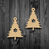 Two beige Christmas tree-shaped decorations on a wooden background