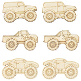 Set of six wooden monster truck models on a white background