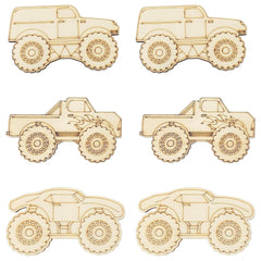Set of six wooden monster truck models on a white background