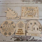 Set of wooden Christmas decorations on a rustic wooden background