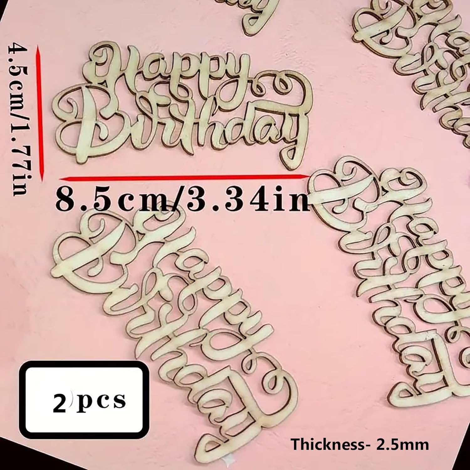 Wooden 'Happy Birthday' cutout letters on a pink background with measurements and quantity indicated.