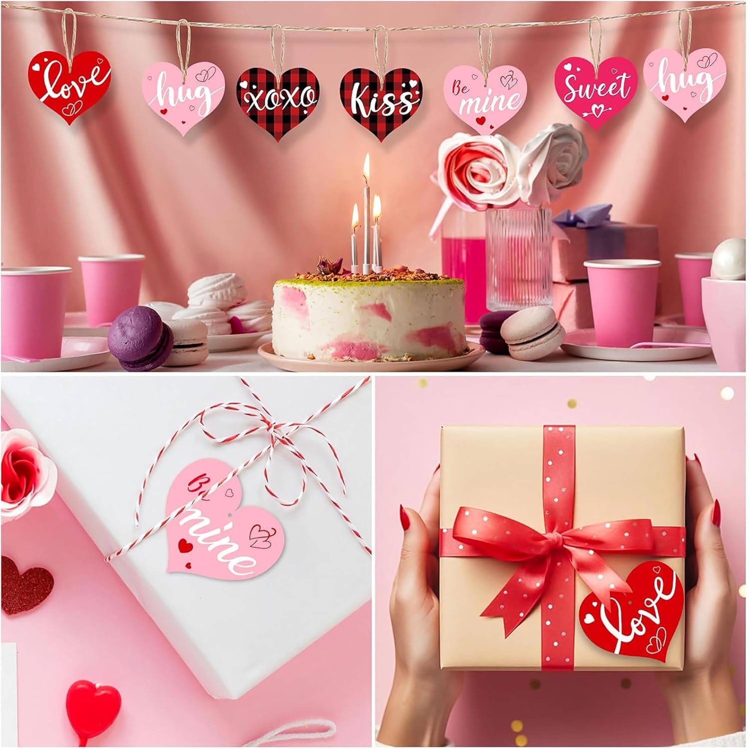 Valentine's Day-themed table setting with cake, pink cups, and decorative hearts.