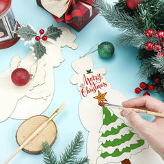 Decorative Christmas tree ornament with 'Merry Christmas' text, surrounded by festive elements on a light blue background.