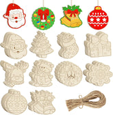 Set of wooden Christmas ornaments with jute string on a white background