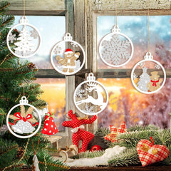 Decorative Christmas ornaments hanging on a window with a festive background