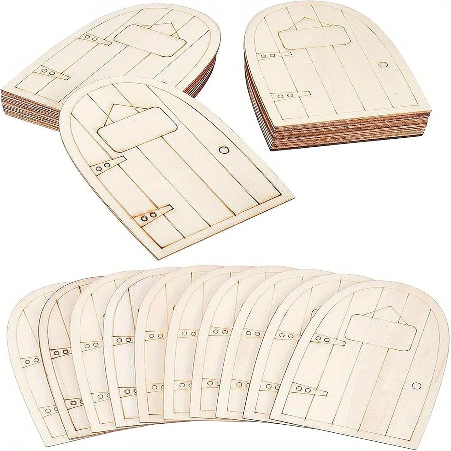Wooden door-shaped cutouts on a white background