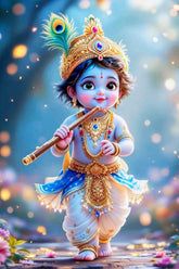 Illustration of a child-like figure with traditional attire and accessories against a blurred natural background.