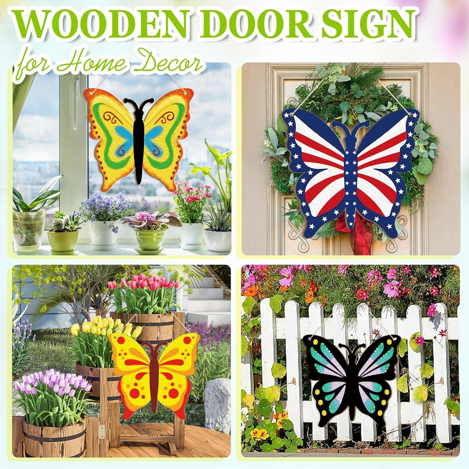 Collage of butterfly-shaped wooden door signs in various settings with text 'Wooden Door Sign for Home Decor'.