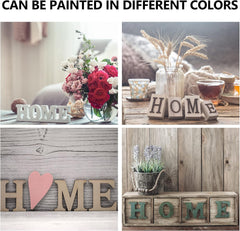 Decorative 'HOME' signs in various settings with flowers and plants.