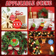Collage of Christmas decorations including ornaments, stockings, wreaths, and lights on a red background.