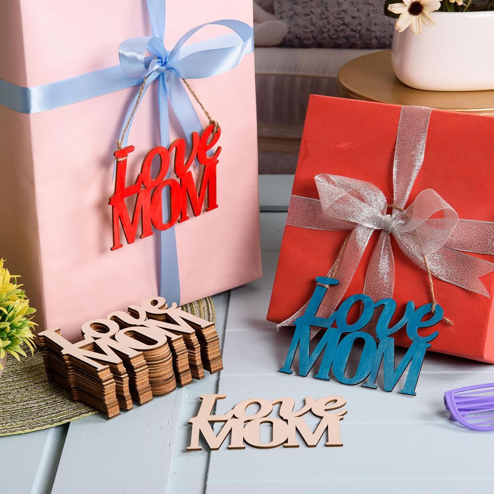 Crafting supplies natural timber "Love Mom" decorations