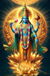 Godly figure with blue skin and gold attire standing on a lotus flower, surrounded by a radiant golden circle.
