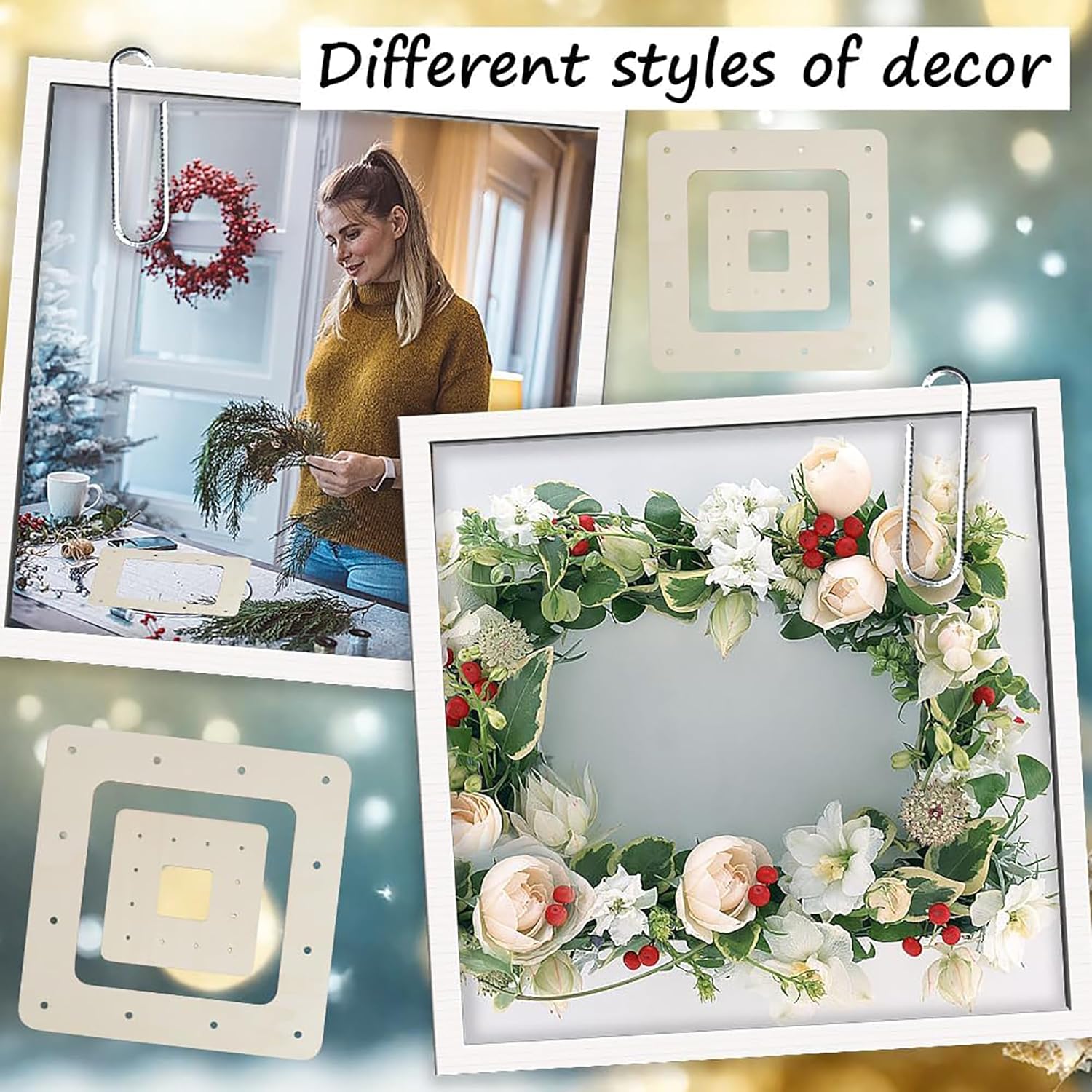 Decorative wreaths and frames with floral arrangements on a blue gradient background.