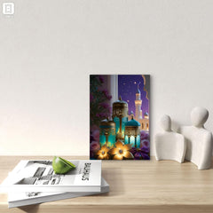 Decorative wall art with lanterns and flowers on a wooden surface with books and sculptures.