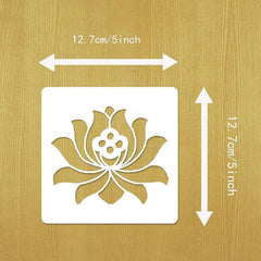 White stenciled design of a flower on a gold background with measurements indicated.