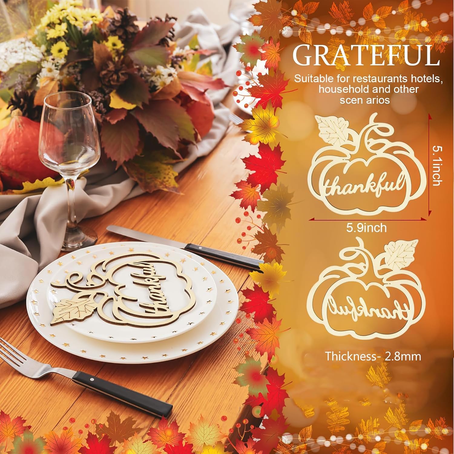 Thankful decorative cutout on a plate with fall-themed table setting