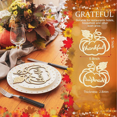 Thankful decorative cutout on a plate with fall-themed table setting