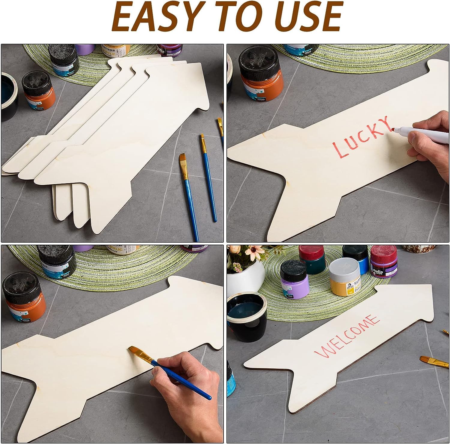 Collage of a person painting a wooden arrow-shaped sign with text on a gray surface.