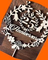 Cliths Wooden 25th Anniversary Cake Topper Rustic Wedding Anniversary Cake Decoration for Couple Silver Jubilee Party Decor Cake Accent for Dessert Table