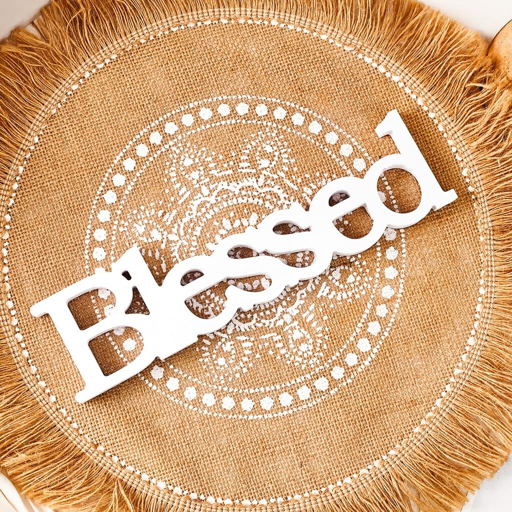 Round woven mat with 'Blessed' text in the center, surrounded by decorative patterns.