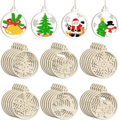 Set of Christmas-themed wooden ornaments with various designs including trees, Santa Claus, and snowflakes.