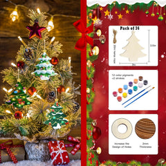 Decorated Christmas tree with small wooden trees and packaging of paint set on a red background