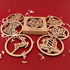 Wooden Christmas ornaments with a 'Merry Christmas' box on a red background