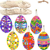 Colorful wooden Easter egg ornaments with decorative patterns on a white background.