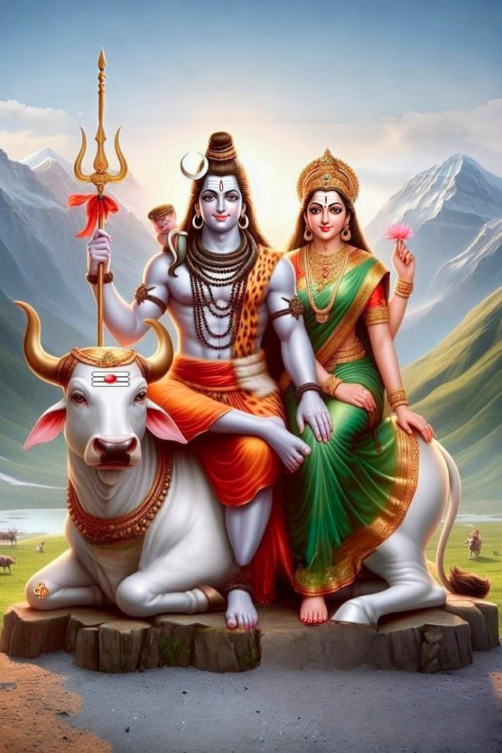 Statue of a deity and consort with a bull in a mountainous landscape