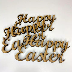 Wooden cutout letters spelling 'Happy Easter' on a white background
