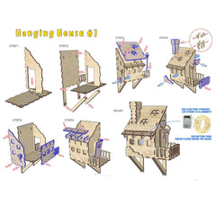 Step-by-step diagram of building a hanging house with labeled steps and illustrations.