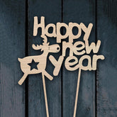 Cliths Pack of 2 Wooden Happy New Year Cake Toppers MDF New Year Decor for Cakes, Parties, Gifts