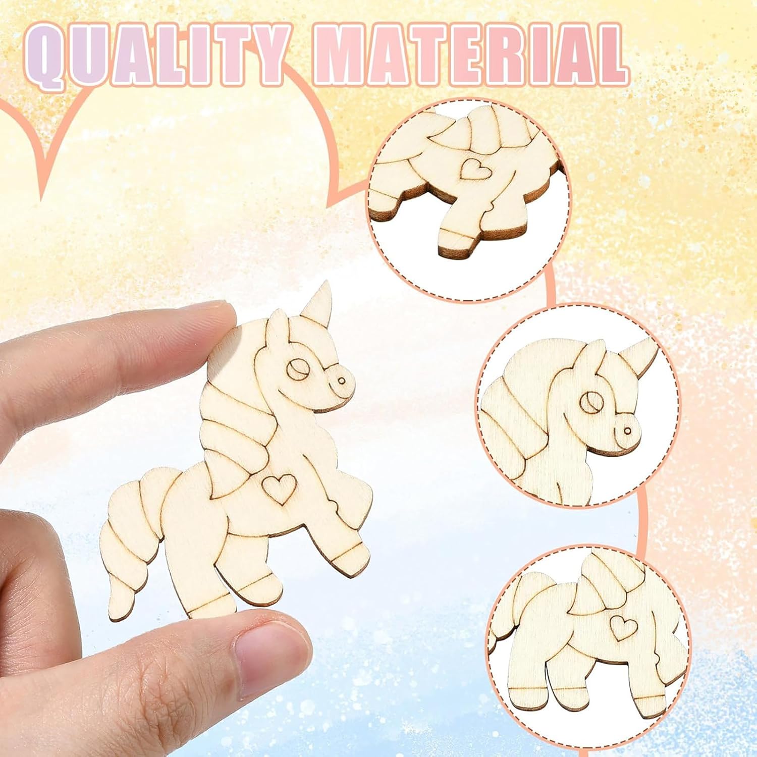Wooden unicorn puzzle held by a hand with 'QUALITY MATERIAL' text above.