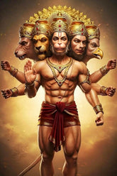 Multi-armed deity with animal heads on a warm background