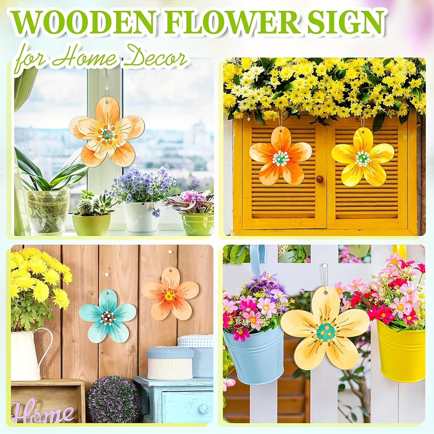 Collage of wooden flower signs with flowers in various settings