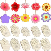 Colorful flower-shaped wooden cutouts on a white background