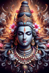 Elaborately decorated head with jewelry and flowers against a dark background