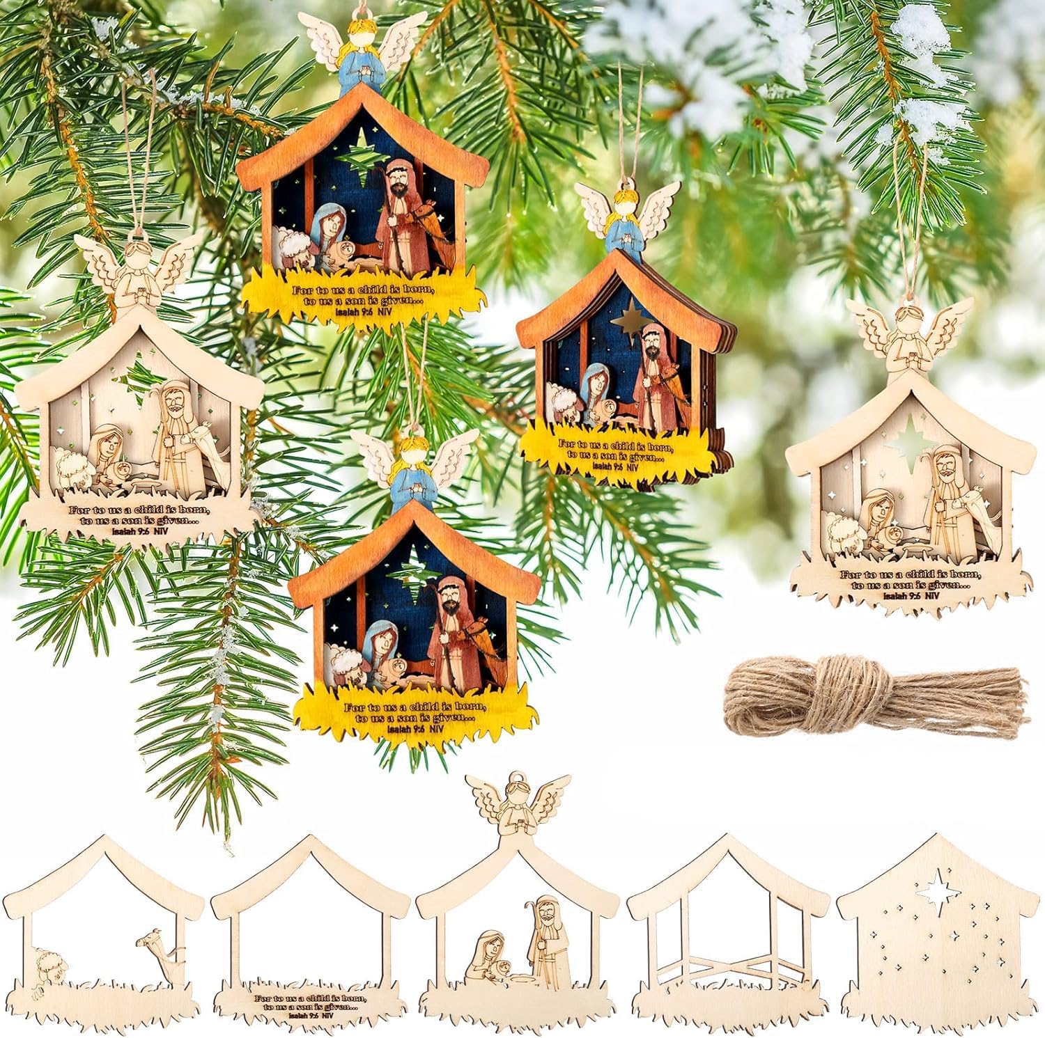 Set of nativity scene Christmas ornaments on a green tree background