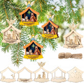 Set of nativity scene Christmas ornaments on a green tree background