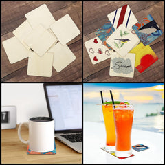 Collage of various coasters on a wooden surface, with a laptop and drinks in the background.