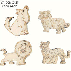 Set of wooden animal figures including a wolf, tiger, lion, and leopard on a white background.