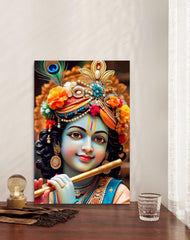 Decorative wall art of a神灵 figure with intricate jewelry on a wooden surface.