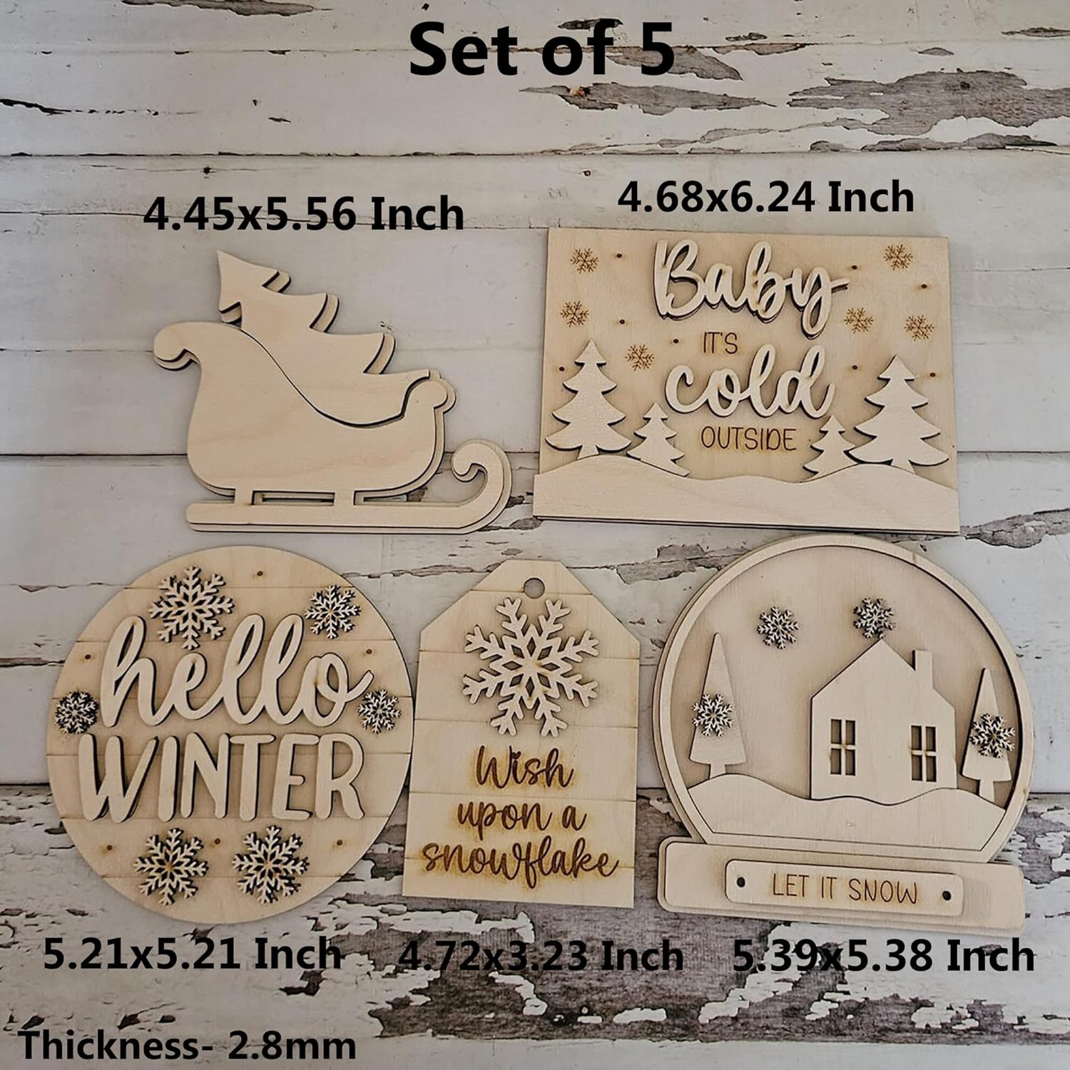 Set of five wooden winter-themed decorations with measurements on a rustic wooden background.
