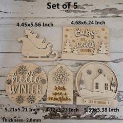 Set of five wooden winter-themed decorations with measurements on a rustic wooden background.